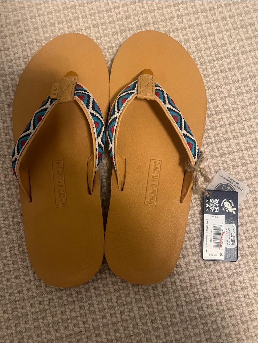 Haflinger Men’s Tan Leather-Style Flip Flops with Patterned Straps